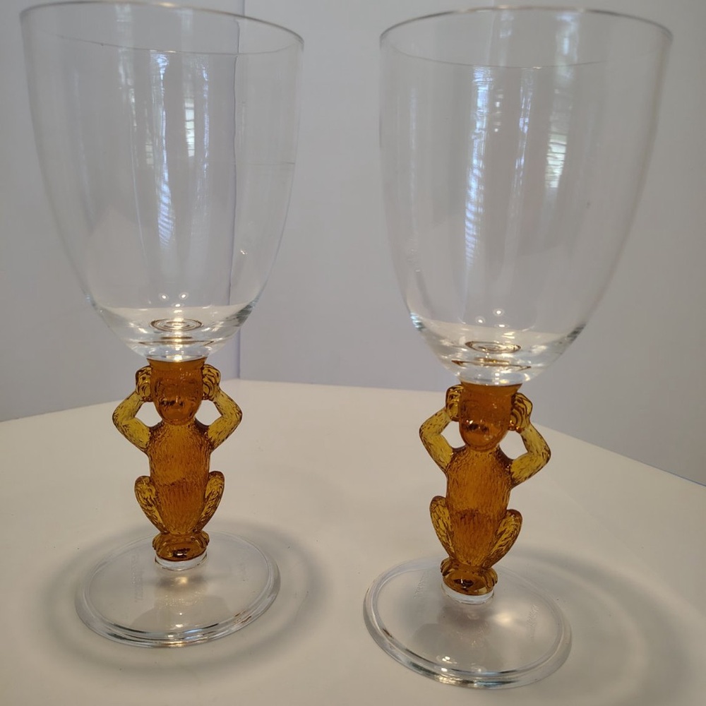Vtg Joe Boxer Set Of 2 Hear No Evil Monkey Wine Glasses Plastic Funky Taiwan 8”